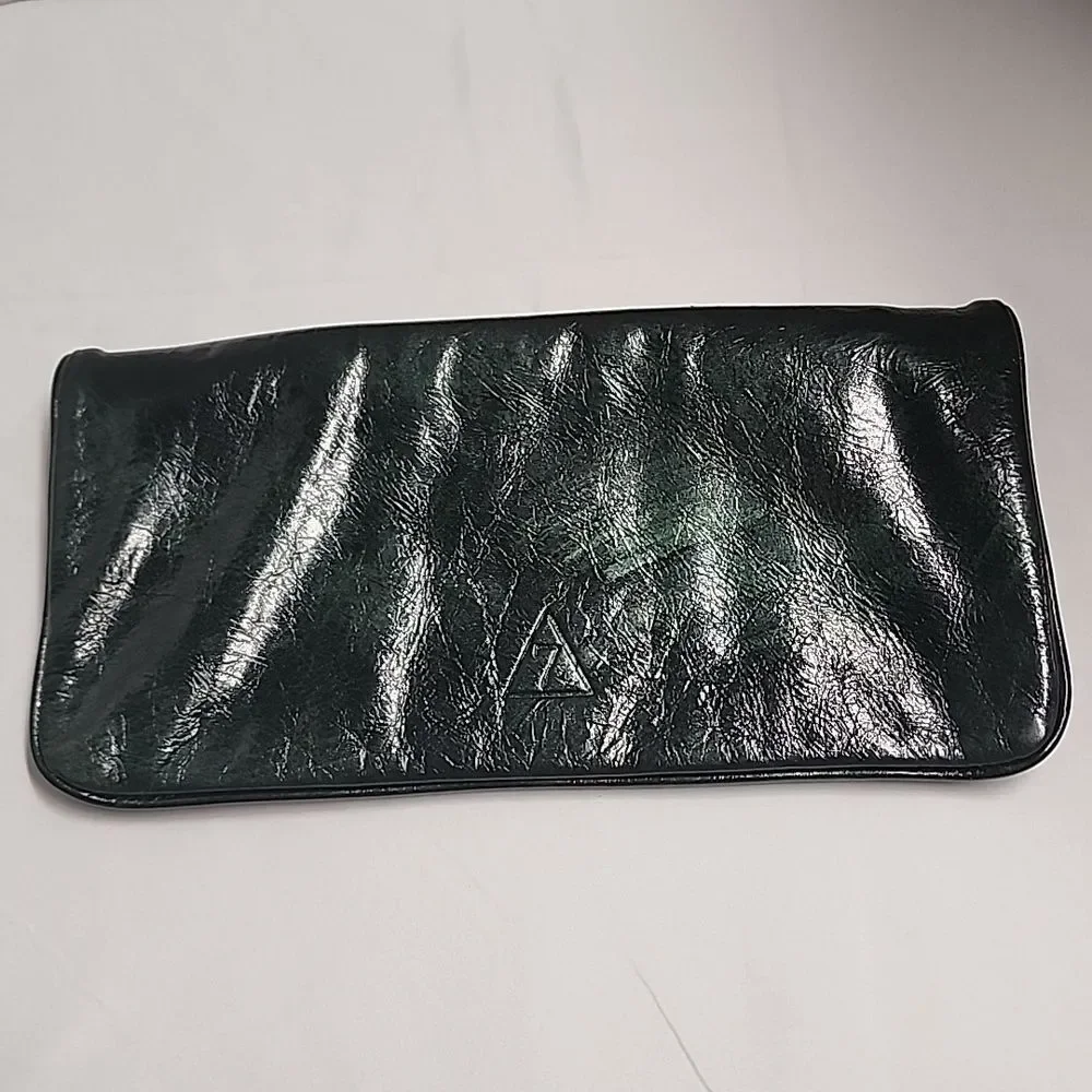 Leonello Borghi Y2K Style Dark Green Fold Over Clutch With Silvertone Hardware